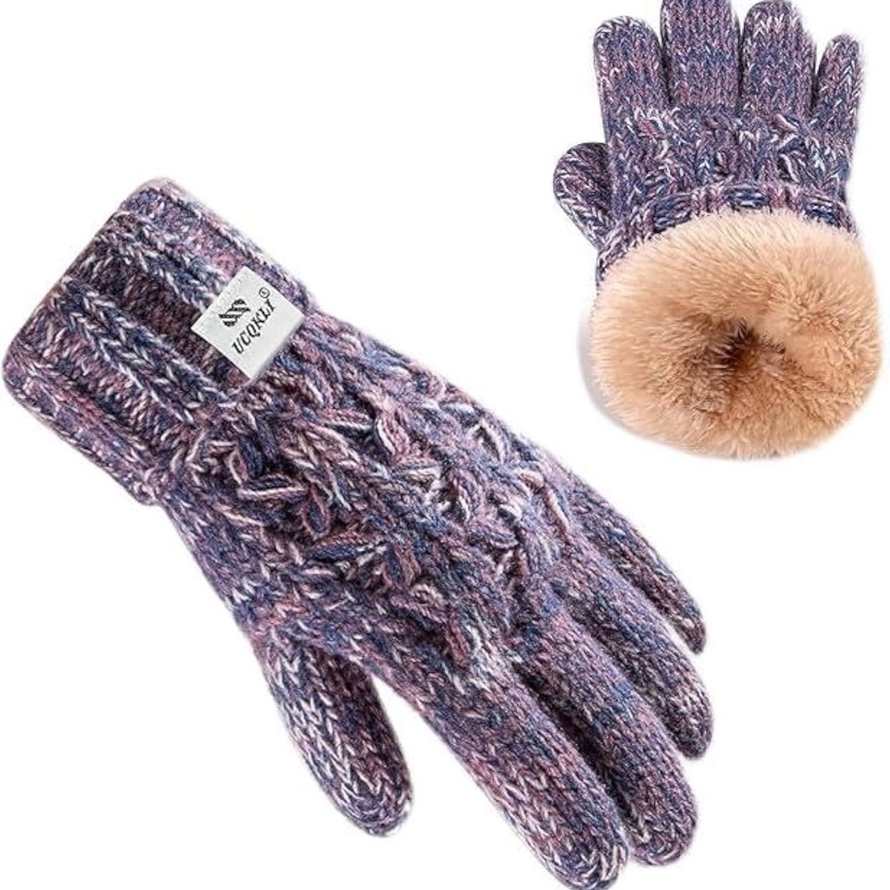 Winter Knit Gloves with Faux Fur Cuff - Purple and Tan